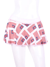 Load image into Gallery viewer, This “limited edition” art is the American Flag!  It&#39;s so soft and flows on the Love &quot;O&quot; Skirt.    The round skirt is cut like a donut with NO side seams!  The waistband and shorties are white.  Sizes:  XS-XL
