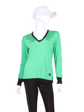 Load image into Gallery viewer, This top is soooo gorgeous!  The collar and cuffs are accented with feminine mesh and the body is flowy and soft.  It’s called the Long Sleeve Very Vee Tee - because as you can see - the Vee is - well you know - VERY VEE!
