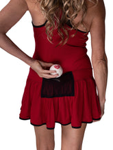 Load image into Gallery viewer, Meet my playful, fun, and very flirty tennis dress The Sandra Dee. I designed it just for you. A tennis player designing for tennis players!  Fits your desire to have a cute outfit, comfortable and sexy, and where you can keep your tennis balls off of your skin!  My exclusive back dry ball pocket looks like a cute tennis net - and more importantly, keeps the yellow fuzz off the thigh!
