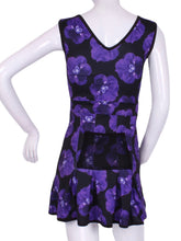 Load image into Gallery viewer, The Angelina Dress is modern yet classy.  This style is in our very limited Purple Pansy print, with a flattering v-neck neckline.  This soft, silky, and sexy tennis dress has an empire waist and a feminine skirt.
