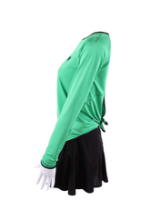 Load image into Gallery viewer, This is our limited edition Tie Back Long Sleeve Green Top  This piece has a silky and soft fabric and you can style and tie it by your own choice.   We make these in very small quantities - by design.  Unique.  Luxurious.  Comfortable.  Cool.  Fun. 
