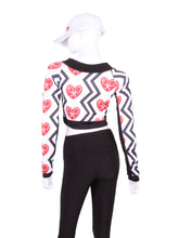 Load image into Gallery viewer, This vee neckline tops arm protection from the sun.  This piece has the Black Zig Zag and Red Heart + Rackets Trademarked Logo on a white background for a feminine and fun print.  Very limited edition only two made per size per style.
