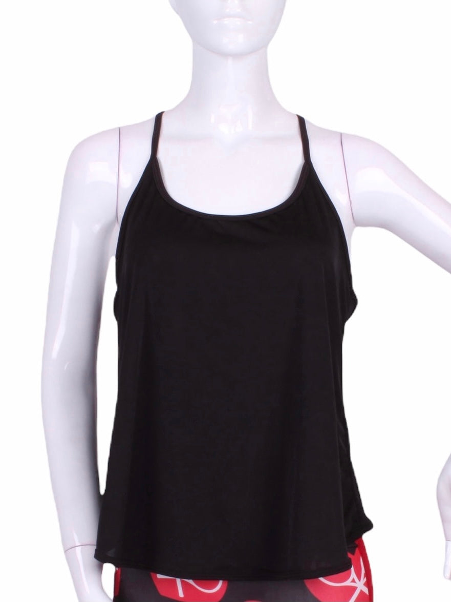A cool and flowy Baggy Tank tennis top for ultimate comfort.  A deep scoop neckline front and strappy high back with two-needle cover stitch at each seam.   Smooth black binding finishes the edges.