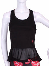 Load image into Gallery viewer, An elegant tennis ruffle top - silky soft - light - and quick-drying breathable fabric.   Scoop neckline front and crossed back with two-needle cover stitch at each seam.   Smooth binding finishes the edges with class.  The most comfortable and feminine tennis top.  These pieces run small for a more petite woman - under 5’8” - for the medium max 34 D
