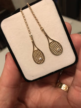 Load image into Gallery viewer, Drop Chain Gold Racket + Diamond Ball Tennis Earrings Jewelry - Love Love Tennis
