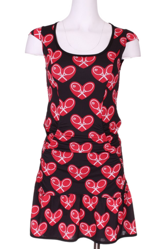 Mid Red Heart on Black Monroe Tennis Dress - I LOVE MY DOUBLES PARTNER!!!