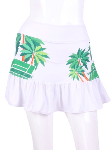 This “limited edition” print is available in the Ruffle Skirt styles.     The waistband and shorties are white.
