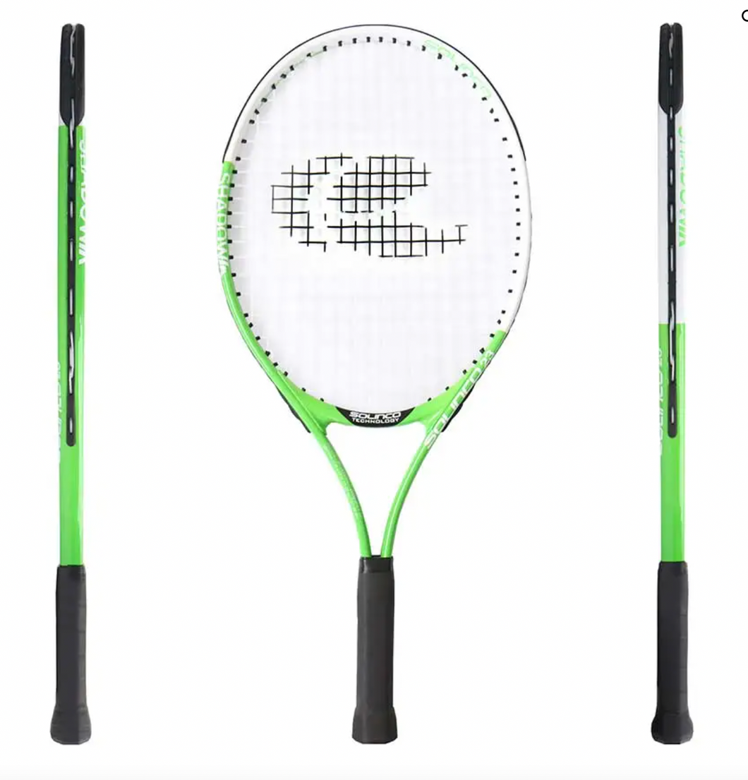 The Solinco Shadow 23 Inch Aluminum Junior Racquet is prestrung for convenience and only about 7 ounces strung.