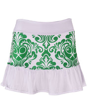 Load image into Gallery viewer, Green Damask + Heart Ruffle Skirt - I LOVE MY DOUBLES PARTNER!!!
