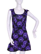 Load image into Gallery viewer, The Monroe Dress has capped sleeves, and moon-shaped ruching in the waistline to accentuate your curves.  This print is very limited, the Purple Pansy, with a flattering scoop neckline.  Glide around in your Court To Cocktail Tennis dress.  Handmade in Los Angeles.
