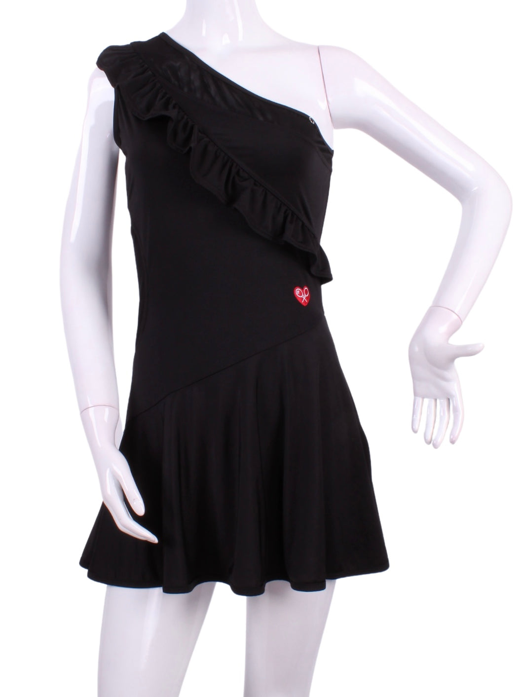 The Charmaine Court To Cocktails Tennis Dress in Black. Flirty and alluring.  That's the Charmaine tennis dress.  Wear this sexy dress from the court to cocktails.  The off the shoulder neck, asymmetrical lines, and side slit make this our most sexy dress.  It is a fitted cut, but lined to give support, and is sewn with our silky soft stretchy fabric.  This dress is short, it sits high on the thigh.  This dress comes with its own one-sided matching soft bra to wear underneath.