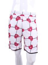 Load image into Gallery viewer, This is our limited edition Men’s Shorts with Raspberry Red Hearts and Net.  This piece has a silky and soft fabric. Back pockets to hold tennis balls.  We make these in very small quantities - by design.  Unique.  Luxurious.  Comfortable.  Cool.  Fun.
