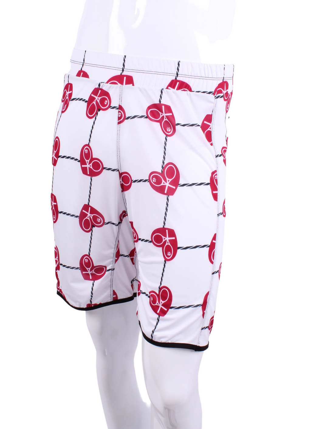 This is our limited edition Men’s Shorts with Raspberry Red Hearts and Net.  This piece has a silky and soft fabric. Back pockets to hold tennis balls.  We make these in very small quantities - by design.  Unique.  Luxurious.  Comfortable.  Cool.  Fun.