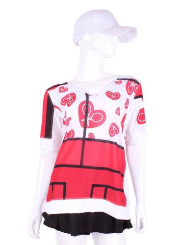 Mondrian Baggy Vee Tee The very comfortable Baggy Vee Tee is so cool and easy to wear.  For the lady that likes a little room when she plays - the feminine top is flowing in the air.  This Mondrian on a white background has a white stripe down the sides, hem, collar, and cuff.