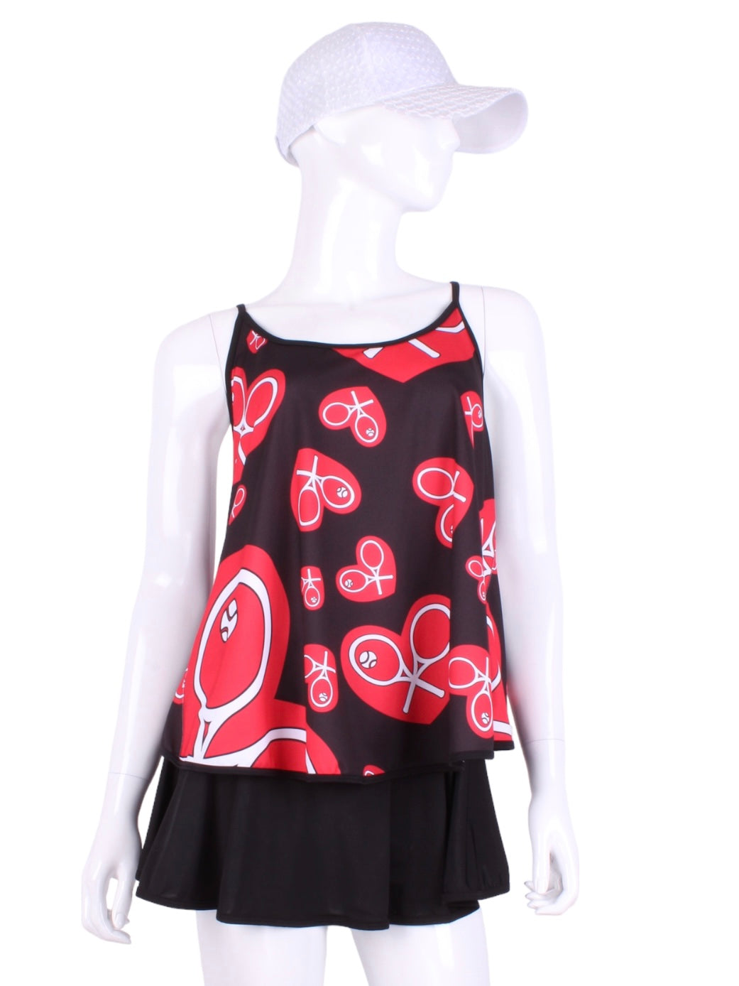 Baggy Tank Tennis Top Red Heart A cool and flowy Baggy Tank tennis top for ultimate comfort.  A deep scoop neckline front and strappy high back with two-needle cover stitch at each seam.   Smooth black binding finishes the edges.