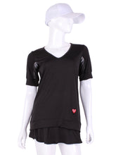 Load image into Gallery viewer, Baggy Soft Black Vee Tee. The very comfortable Baggy Vee Tee is so cool and easy to wear.  The sides are cool airy mesh to allow for &quot;flow&quot; whilst you play!  For the lady that likes a little room when she plays - this top is a little longer too.

