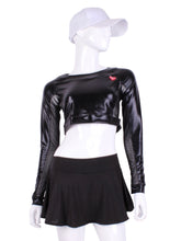 Load image into Gallery viewer, Pleather Black + Black Mesh Crop Top. These short tops offer great chest and arm protection from the sun, but have mesh under the arm to keep you COOL while you play.  Designed very short to allow for access to the back pocket on my court to cocktails tennis dresses.
