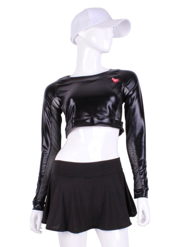 Pleather Black + Black Mesh Crop Top. These short tops offer great chest and arm protection from the sun, but have mesh under the arm to keep you COOL while you play.  Designed very short to allow for access to the back pocket on my court to cocktails tennis dresses.