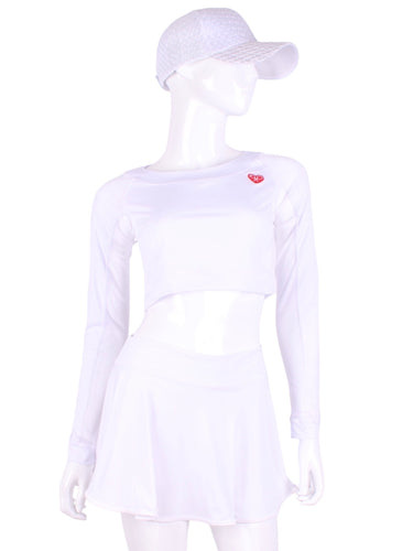 White + White Mesh Crop Top. These short tops offer great chest and arm protection from the sun, but have mesh under the arm to keep you COOL while you play.  Designed very short to allow for access to the back pocket on my court to cocktails tennis dresses.