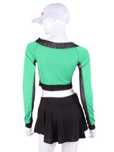 Load image into Gallery viewer, Green + Black Mesh Vee Crop Top. This vee neckline tops arm protection from the sun, but have mesh under the arm to keep you COOL while you play.  These beautiful tops have the Heart + Rackets (trademarked) logo as the contrast.  Designed very short to allow for access to the back pocket on my court to cocktails tennis dresses.  Hand sewn in Los Angeles.
