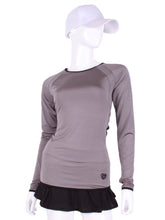 Load image into Gallery viewer, Grey Open Back Long Sleeve Crew. This all new Open Back Long Sleeve Crew can be worn with a skirt or our Court 🎾 to Cocktails 🍸 Tennis Dresses to have access to the back pocket.  Made with a little thicker fabric you can have sun protection and warmth (everywhere but the small of your back)!  Every print was uniquely designed by Adeline and the pieces were sewn in downtown Los Angeles.  Made with loads of ♥️
