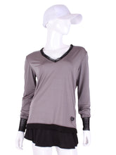 Load image into Gallery viewer, Grey Long Sleeve Very Vee Tee w/ Black Mesh. For the tennis lady who loves to leave her chest open - but cover her arms (and other bits) this top is seductive in a sweet way!  You feel nearly naked in it.  So go ahead - hit that ace!  Flattering and free - that’s what this top is.  The most preppy of my tops - looks just as good tied around the shoulders as it does on! 

