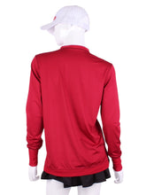 Load image into Gallery viewer, Raspberry Red Long Sleeve Very Vee Tee. This top is soooo gorgeous!    It’s called the Long Sleeve Very Vee Tee - because as you can see - the Vee is - well you know - VERY VEE!  For the tennis lady who loves to leave her chest open - but cover her arms (and other bits) this top is seductive in a sweet way!  You feel nearly naked in it.  So go ahead - hit that ace!  Flattering and free - that’s what this top is.  The most preppy of my tops - looks just as good tied around the shoulders as it does on.
