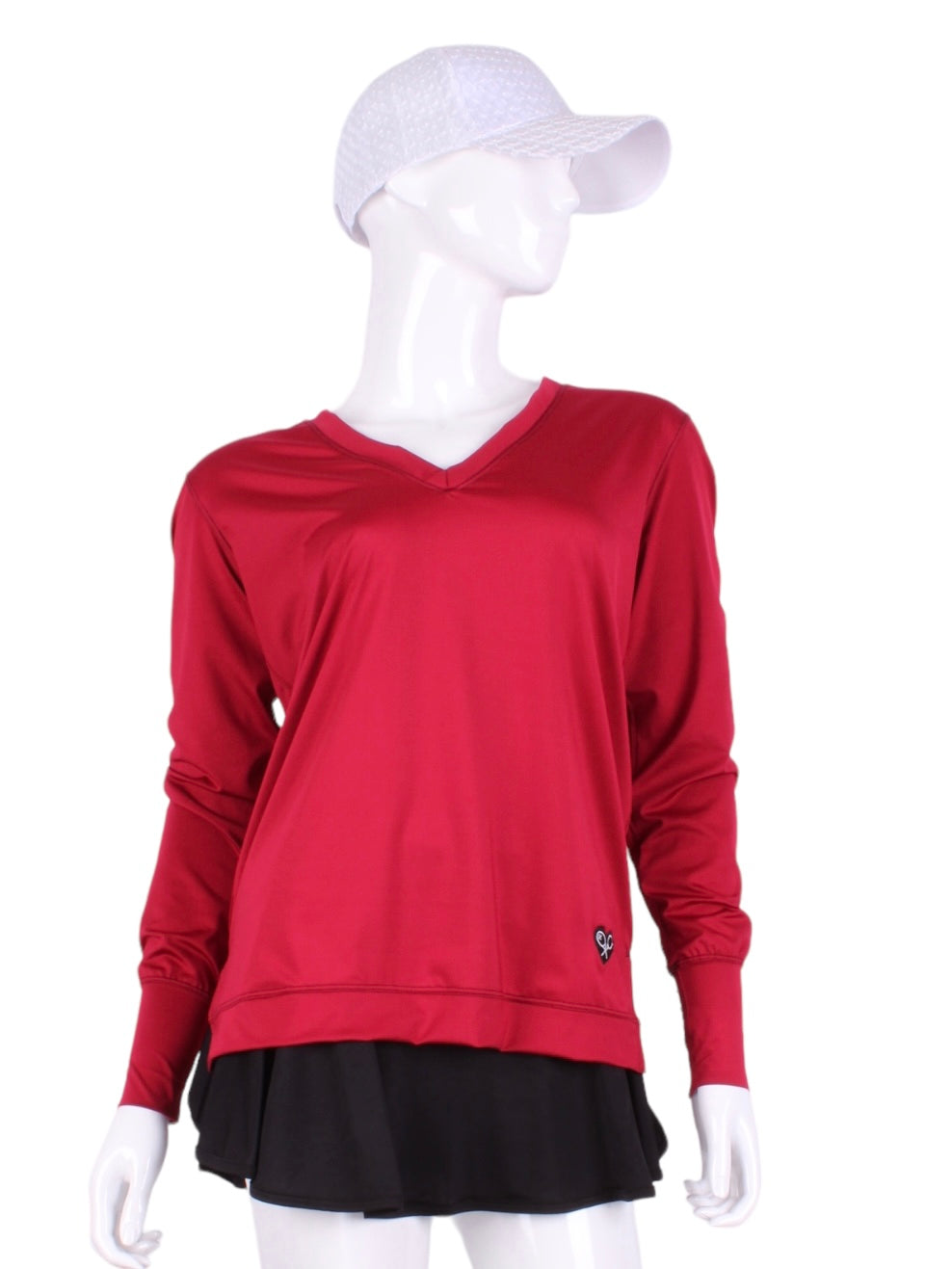 Raspberry Red Long Sleeve Very Vee Tee. This top is soooo gorgeous!    It’s called the Long Sleeve Very Vee Tee - because as you can see - the Vee is - well you know - VERY VEE!  For the tennis lady who loves to leave her chest open - but cover her arms (and other bits) this top is seductive in a sweet way!  You feel nearly naked in it.  So go ahead - hit that ace!  Flattering and free - that’s what this top is.  The most preppy of my tops - looks just as good tied around the shoulders as it does on.