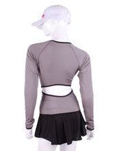 Load image into Gallery viewer, Grey Open Back Long Sleeve Crew. This all new Open Back Long Sleeve Crew can be worn with a skirt or our Court 🎾 to Cocktails 🍸 Tennis Dresses to have access to the back pocket.  Made with a little thicker fabric you can have sun protection and warmth (everywhere but the small of your back)!  Every print was uniquely designed by Adeline and the pieces were sewn in downtown Los Angeles.  Made with loads of ♥️
