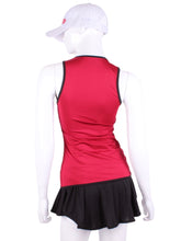 Load image into Gallery viewer, Straight Back Vee Tank Red Raspberry With Black Trim. The simply elegant Vee Tank has a little vee in the front and a straight back.  Designed by a tennis player for comfort AND luxury - the pattern is made for a real woman’s body with curves and all!  The material is stretchy and soft.  As with all of our apparel - it’s designed and hand made in Downtown Los Angeles - from imported fabric.
