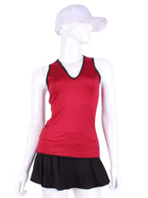 Load image into Gallery viewer, Straight Back Vee Tank Red Raspberry With Black Trim. The simply elegant Vee Tank has a little vee in the front and a straight back.  Designed by a tennis player for comfort AND luxury - the pattern is made for a real woman’s body with curves and all!  The material is stretchy and soft.  As with all of our apparel - it’s designed and hand made in Downtown Los Angeles - from imported fabric.
