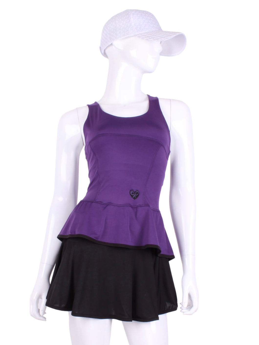 Ruffle Tank Tennis Top Purple. An elegant tennis ruffle top - silky soft - light - and quick-drying breathable fabric.   Scoop neckline front and crossed back with two-needle cover stitch at each seam.   Smooth binding finishes the edges with class.  The most comfortable and feminine tennis top.  These pieces run small for a more petite woman - under 5’8” - for the medium max 34 D