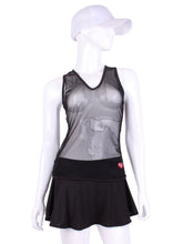 Load image into Gallery viewer, Straight Back Vee Tank Black All Mesh. The simply elegant Vee Tank has a little vee in the front and a straight back.  Designed by a tennis player for comfort AND luxury - the pattern is made for a real woman’s body with curves and all!  The material is stretchy and soft.  As with all of our apparel - it’s designed and hand made in Downtown Los Angeles - from imported fabric.
