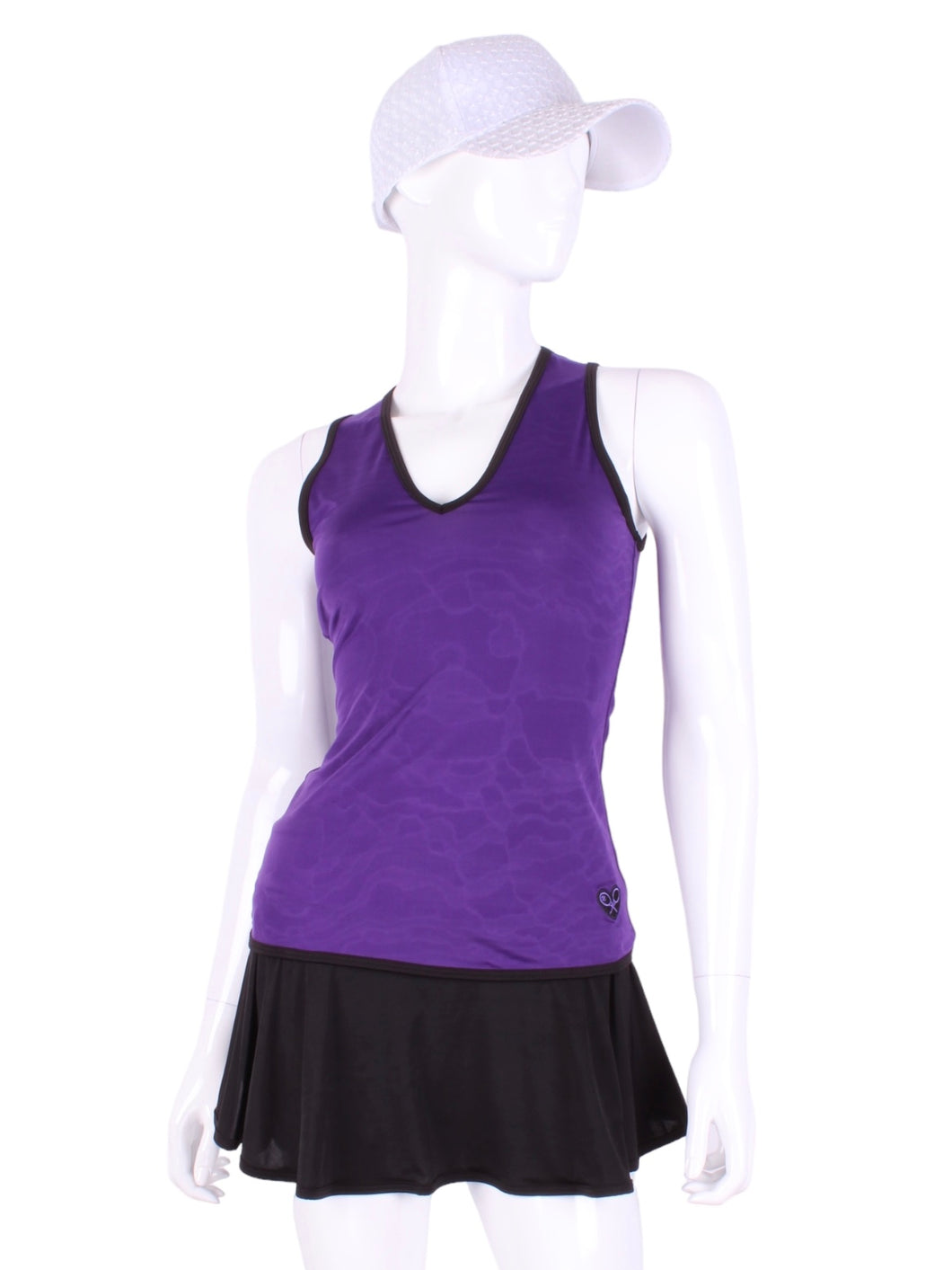Straight Back Vee Tank Purple w/ Black Trim. The simply elegant Vee Tank has a little vee in the front and a straight back.  Designed by a tennis player for comfort AND luxury - the pattern is made for a real woman’s body with curves and all!  The material is stretchy and soft.  As with all of our apparel - it’s designed and hand made in Downtown Los Angeles - from imported fabric.
