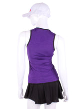 Load image into Gallery viewer, Straight Back Vee Tank Purple w/ Black Trim. The simply elegant Vee Tank has a little vee in the front and a straight back.  Designed by a tennis player for comfort AND luxury - the pattern is made for a real woman’s body with curves and all!  The material is stretchy and soft.  As with all of our apparel - it’s designed and hand made in Downtown Los Angeles - from imported fabric.

