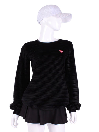 Striped Black Velvet Long Sleeve Warm Up Top. This long sleeve top is the most feminine and flowing of my collection.  It is comfortable with binding on the neckline, poofy at the wrists and soft hem at the hips.  The fabrics are super soft yet warm.    Fully machine washable.  Hang to dry.  Designed by Adeline, and proudly sewn in Los Angeles from lovely imported fabric.