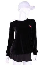 Load image into Gallery viewer, Solid Black Velvet Long Sleeve Warm Up Top. This long sleeve top is the most feminine and flowing of my collection.  It is comfortable with binding on the neckline, poofy at the wrists and soft hem at the hips.  The fabrics are super soft yet warm.  Fully machine washable.  Hang to dry.  Designed by Adeline, and proudly sewn in Los Angeles from lovely imported fabric.   
