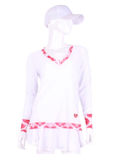 Load image into Gallery viewer, White Long Sleeve Very Vee Tee with Heart Trim. This top is soooo gorgeous!  The collar and cuffs are accented with feminine mesh and the body is flowy and soft.  It’s called the Long Sleeve Very Vee Tee - because as you can see - the Vee is - well you know - VERY VEE!  For the tennis lady who loves to leave her chest open - but cover her arms (and other bits) this top is seductive in a sweet way!
