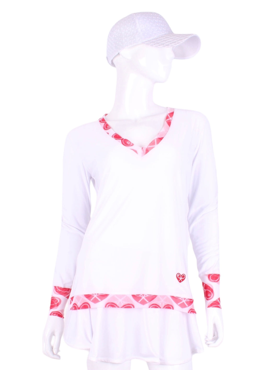 White Long Sleeve Very Vee Tee with Heart Trim. This top is soooo gorgeous!  The collar and cuffs are accented with feminine mesh and the body is flowy and soft.  It’s called the Long Sleeve Very Vee Tee - because as you can see - the Vee is - well you know - VERY VEE!  For the tennis lady who loves to leave her chest open - but cover her arms (and other bits) this top is seductive in a sweet way!