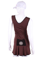 Load image into Gallery viewer, The Angelina Dress is from our sophisticated and elegant collections, for women with a flair for looking good.   Wear this stunning piece straight from the court....to cocktails.  This style is in our chocolate brown design, with a flattering v-neck neckline.  This soft, silky, and sexy tennis dress is lightweight, and very comfortable, providing plenty of flexibility to play both on and off of the court.
