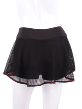 Load image into Gallery viewer, This is our limited edition Black Tennis Net LOVE “O” Skirt!  Each Skirt is hand cut in ONE PIECE with no side seams!  It flows as you twirl on the court.
