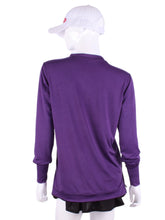 Load image into Gallery viewer, Purple Long Sleeve Very Vee Tee. It’s called the Long Sleeve Very Vee Tee - because as you can see - the Vee is - well you know - VERY VEE!  For the tennis lady who loves to leave her chest open - but cover her arms (and other bits) this top is seductive in a sweet way!  You feel nearly naked in it.  So go ahead - hit that ace!  Flattering and free - that’s what this top is.  The most preppy of my tops - looks just as good tied around the shoulders as it does on.
