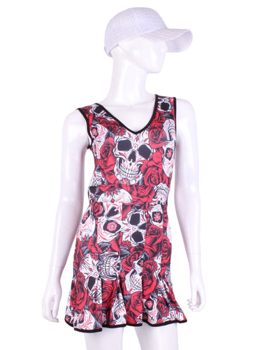 The Angelina Dress is modern yet classy.  This style is in our very limited Skull + Roses print, with a flattering vee style neck neckline.  This soft, silky, and sexy tennis dress has an empire waist and a feminine skirt.  With the exclusive dry ball back pocket - you don't need to tuck your tennis balls into your shorts anymore.    Designed by our Founder Adeline in Beverly Hills.  Sewn by our team in Downtown Los Angeles.