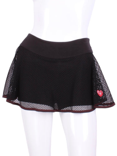 This is our limited edition Black Tennis Net LOVE “O” Skirt!  Each Skirt is hand cut in ONE PIECE with no side seams!  It flows as you twirl on the court.